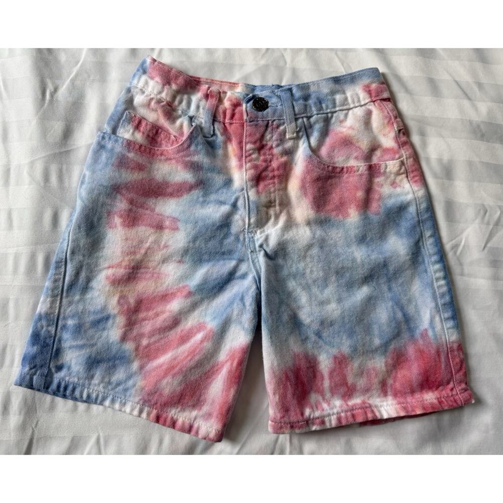 Vintage Blue 90s Y2K Girls Red White & Blue Tie-Dye Denim Shorts Size 12 USA